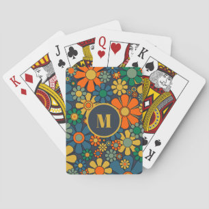 Retro Garden Groovy Floral 60s 70s Pattern Initial Playing Cards