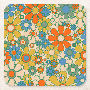 Retro Garden Groovy Floral 60s 70s Pattern Square Paper Coaster