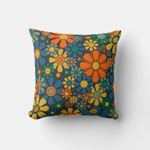 Retro Garden Groovy Floral 60s 70s Pattern Throw Pillow