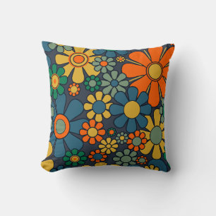 Retro Garden Groovy Floral 60s 70s Pattern Throw Pillow
