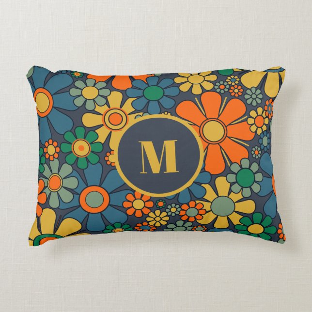 Retro Garden Groovy Flowers 60s 70s Pattern Accent Pillow (Front)