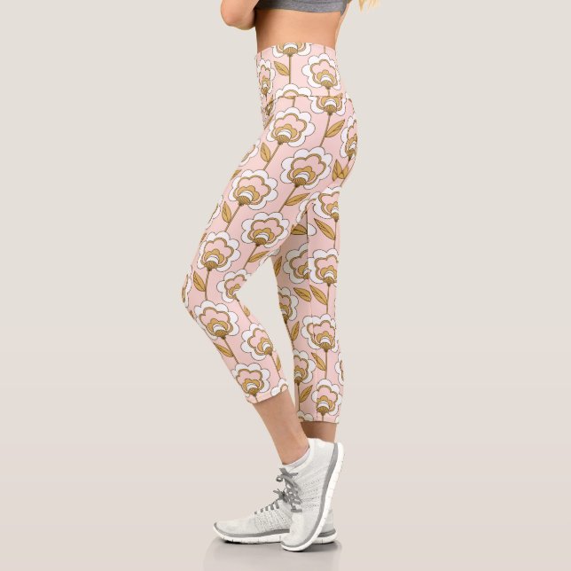 Retro Garden Pink Floral Pattern Capri Leggings (Left)