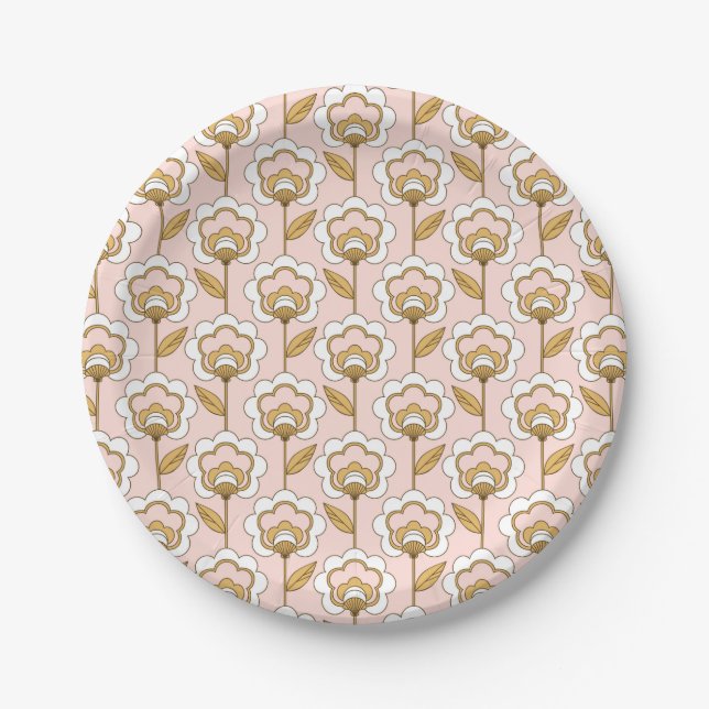 Retro Garden Pink Floral Pattern Paper Plate (Front)