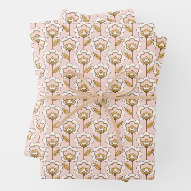 Retro Garden Pink Floral Pattern Wrapping Paper Sheet (In situ)