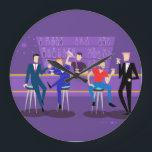Retro Gay Bar Acrylic Round Wall Clock<br><div class="desc">This Retro Gay Bar Acrylic Round Wall Clock design is purple, kitschy, and utterly fabulous! Sitting on mid century modern barstools, drinking their fun, pink beverages, these dapper gentlemen are having a gay ol’ time. The hunky bartender with a pink bowtie is already pouring the next round. The silhouettes of...</div>