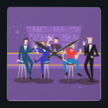 Retro Gay Bar Acrylic Wall Clock<br><div class="desc">This Retro Gay Bar Acrylic Wall Clock design is purple, kitschy, and utterly fabulous! Sitting on mid century modern barstools, drinking their fun, pink beverages, these dapper gentlemen are having a gay ol’ time. The hunky bartender with a pink bowtie is already pouring the next round. The silhouettes of atomic...</div>
