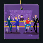Retro Gay Bar Ceramic Ornament<br><div class="desc">This customizable Retro Gay Bar Ceramic Christmas Ornament design is purple, kitschy, and utterly fabulous! Sitting on mid century modern barstools, drinking their fun, pink beverages, these dapper gentlemen are having a gay ol’ time. The hunky bartender with a pink bowtie is already pouring the next round. The silhouettes of...</div>