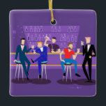 Retro Gay Bar Ceramic Ornament<br><div class="desc">This customizable Retro Gay Bar Ceramic Christmas Ornament design is purple, kitschy, and utterly fabulous! Sitting on mid century modern barstools, drinking their fun, pink beverages, these dapper gentlemen are having a gay ol’ time. The hunky bartender with a pink bowtie is already pouring the next round. The silhouettes of...</div>