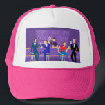 Retro Gay Bar Trucker Hat<br><div class="desc">This Retro Gay Bar Trucker Hat design is purple, kitschy, and utterly fabulous! Sitting on mid century modern barstools, drinking their fun, pink beverages, these dapper gentlemen are having a gay ol’ time. The hunky bartender with a pink bowtie is already pouring the next round. The silhouettes of atomic liquor...</div>