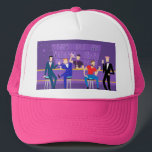 Retro Gay Bar Trucker Hat<br><div class="desc">This Retro Gay Bar Trucker Hat design is purple, kitschy, and utterly fabulous! Sitting on mid century modern barstools, drinking their fun, pink beverages, these dapper gentlemen are having a gay ol’ time. The hunky bartender with a pink bowtie is already pouring the next round. The silhouettes of atomic liquor...</div>