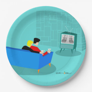 Retro Gay Couple Watching TV Paper Plate