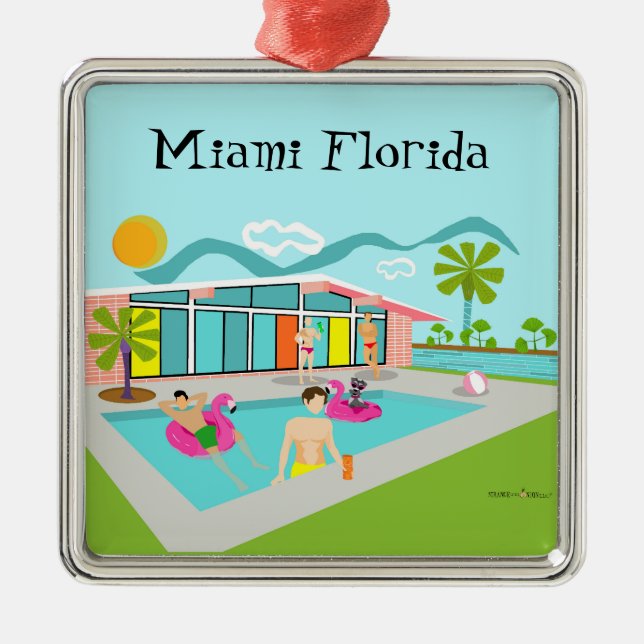 Retro Gay Pink Flamingo Pool Party Miami  Metal Ornament (Front)