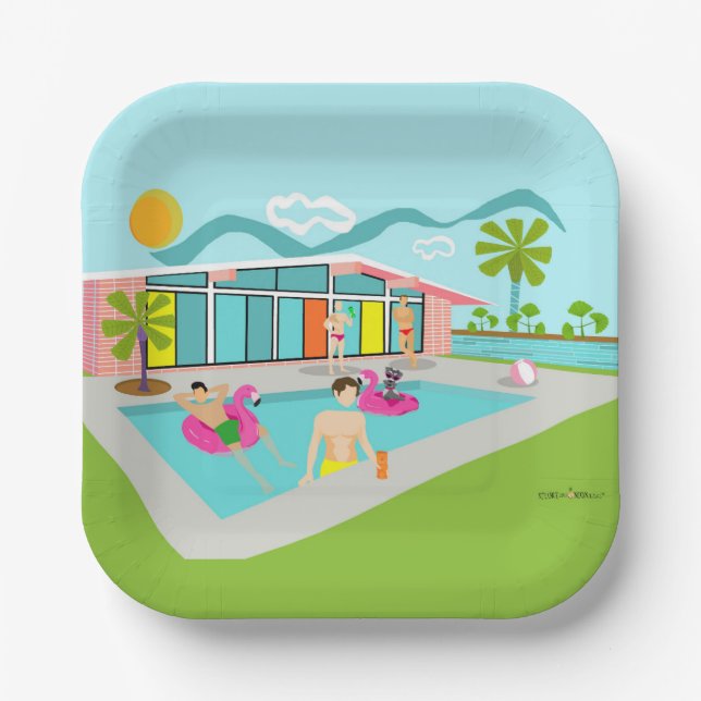 Retro Gay Pink Flamingo Pool Party Paper Plate (Front)