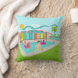 Retro Gay Pink Flamingo Pool Party  Throw Pillow