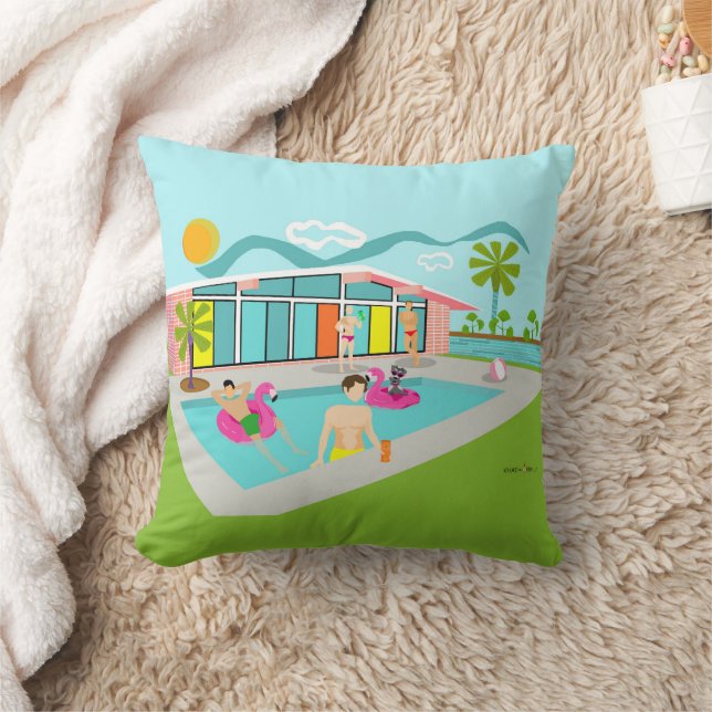 Retro Gay Pink Flamingo Pool Party  Throw Pillow (Blanket)