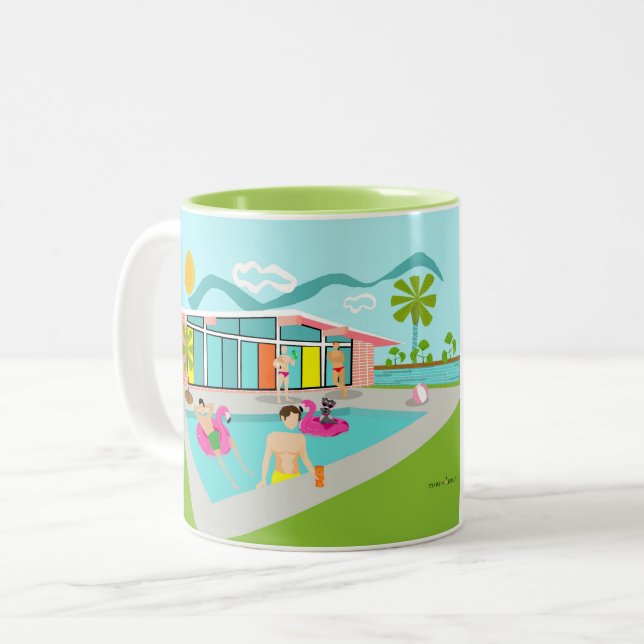 Retro Gay Pink Flamingo Pool Party  Two-Tone Coffee Mug (Front Left)