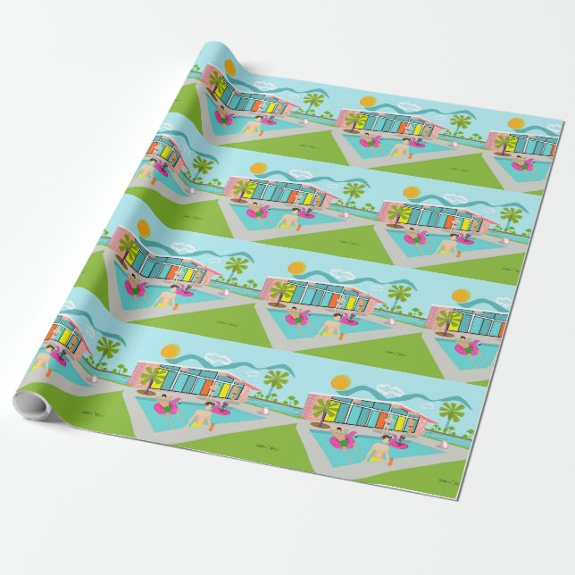 Retro Gay Pink Flamingo Pool Party  Wrapping Paper (Unrolled)
