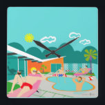 Retro Gay Pool Party Acrylic Wall Clock<br><div class="desc">This Retro Gay Pool Party Acrylic Wall Clock features four hunky beefcakes having a gay old time as they beat the Palm Springs heat by lounging around the turquoise blue water of their atomic boomerang shaped swimming pool. The mid century modern architecture on the fabulous, orange stone house is clearly...</div>