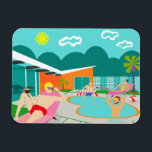 Retro Gay Pool Party Flexible Magnet<br><div class="desc">This Retro Gay Pool Party Flexible Magnet features four hunky beefcakes having a gay old time as they beat the Palm Springs heat by lounging around the turquoise blue water of their atomic boomerang shaped swimming pool. The mid century modern architecture on the fabulous, orange stone house is clearly prime...</div>