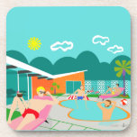 Retro Gay Pool Party Hard Plastic Coaster<br><div class="desc">This Retro Gay Pool Party Hard Plastic Coaster features four hunky beefcakes having a gay old time as they beat the Palm Springs heat by lounging around the turquoise blue water of their atomic boomerang shaped swimming pool. The mid century modern architecture on the fabulous, orange stone house is clearly...</div>