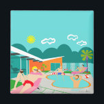 Retro Gay Pool Party Square Magnet<br><div class="desc">This Retro Gay Pool Party Square Magnet features four hunky beefcakes having a gay old time as they beat the Palm Springs heat by lounging around the turquoise blue water of their atomic boomerang shaped swimming pool. The mid century modern architecture on the fabulous, orange stone house is clearly prime...</div>