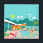 Retro Gay Pool Party Square Magnet<br><div class="desc">This Retro Gay Pool Party Square Magnet features four hunky beefcakes having a gay old time as they beat the Palm Springs heat by lounging around the turquoise blue water of their atomic boomerang shaped swimming pool. The mid century modern architecture on the fabulous, orange stone house is clearly prime...</div>
