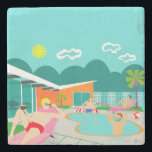 Retro Gay Pool Party Stone Coaster<br><div class="desc">This Retro Gay Pool Party Stone Coaster features four hunky beefcakes having a gay old time as they beat the Palm Springs heat by lounging around the turquoise blue water of their atomic boomerang shaped swimming pool. The mid century modern architecture on the fabulous, orange stone house is clearly prime...</div>