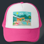 Retro Gay Pool Party Trucker Hat<br><div class="desc">This Retro Gay Pool Party Trucker Hat design features four hunky beefcakes having a gay old time as they beat the Palm Springs heat by lounging around the turquoise blue water of their atomic boomerang shaped swimming pool. The mid century modern architecture on the fabulous, orange stone house is clearly...</div>