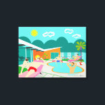 Retro Gay Pool Party Wrapped Canvas Print<br><div class="desc">This Retro Gay Pool Party Wrapped Canvas features four hunky beefcakes having a gay old time as they beat the Palm Springs heat by lounging around the turquoise blue water of their atomic boomerang shaped swimming pool. The mid century modern architecture on the fabulous, orange stone house is clearly prime...</div>