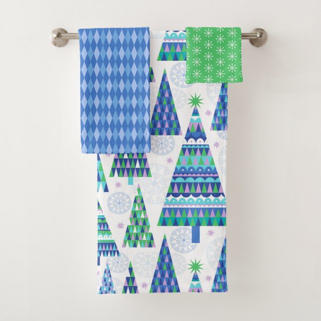 Retro Geo Scandi Arbres de Noël Bleu et Vert (En situation)