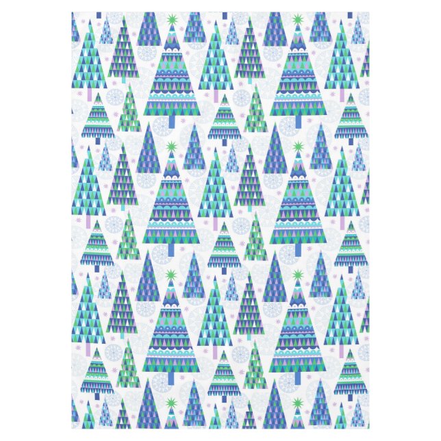 Retro Geo Scandi Christmas Trees Blue & Green Tablecloth (Front)