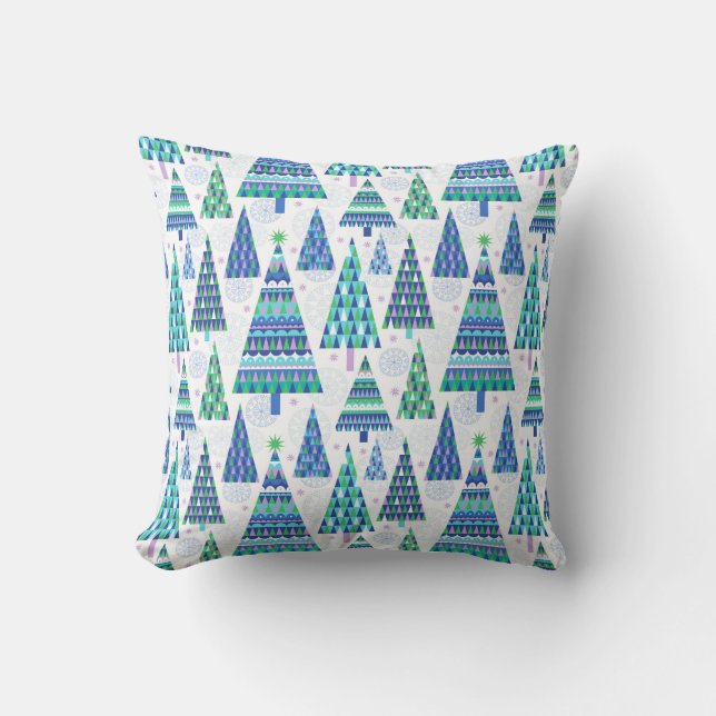 Retro Geo Scandi Christmas Trees Blue & Green Throw Pillow (Front)