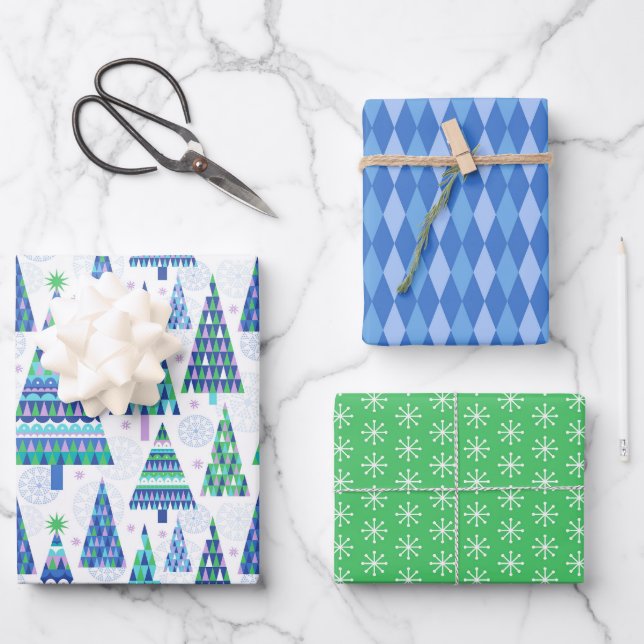 Retro Geo Scandi Christmas Trees Blue & Green Wrapping Paper Sheet (Front)