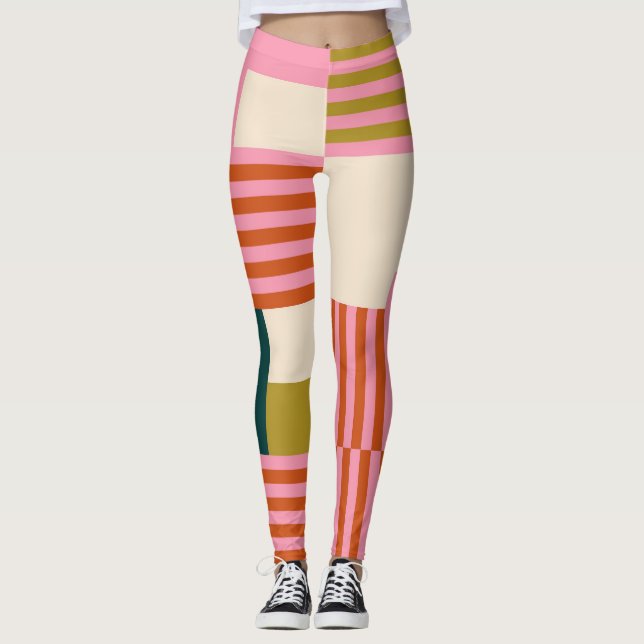 Retro Geometric Abstract Mosaic Leggings (Front)