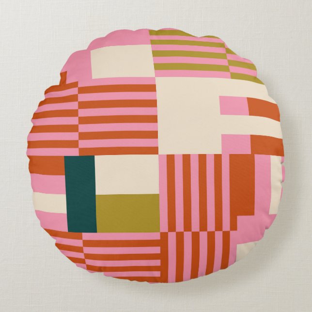 Retro Geometric Abstract Mosaic Round Pillow (Front)
