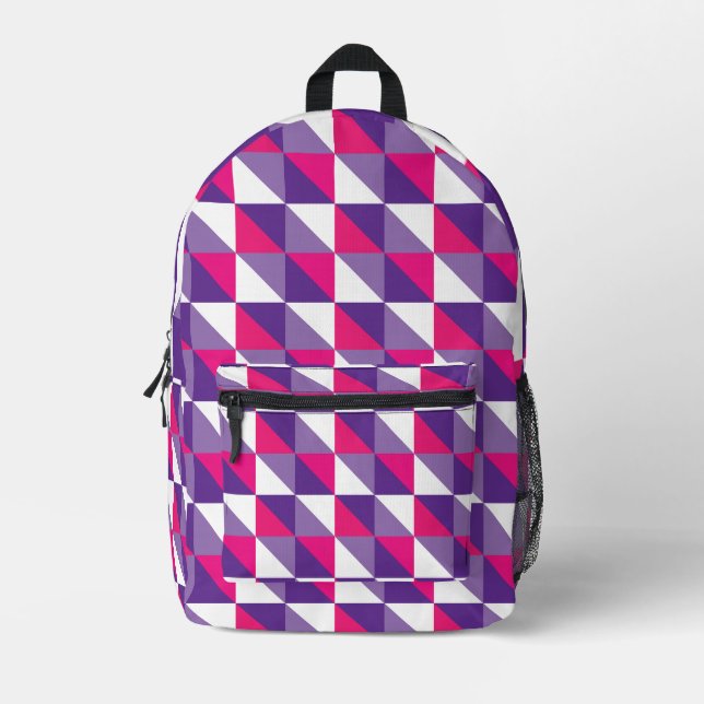 Retro Geometric Abstract Pink Purple & White Printed Backpack (Front)