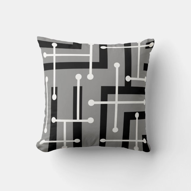 Retro Geometric Art Maze Grey Throw Pillow (Front)