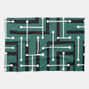 Retro Geometric Art Maze Teal Kitchen Towel