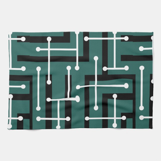Retro Geometric Art Maze Teal Kitchen Towel (Horizontal)