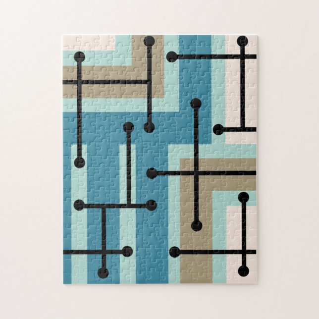 Retro Geometric Art Maze Turquoise Gold Jigsaw Puzzle (Vertical)