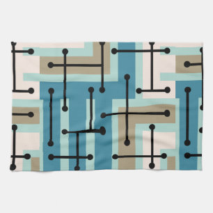 Retro Geometric Art Maze Turquoise Gold Kitchen Towel