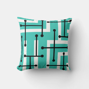 Retro Geometric Art Maze Turquoise Throw Pillow