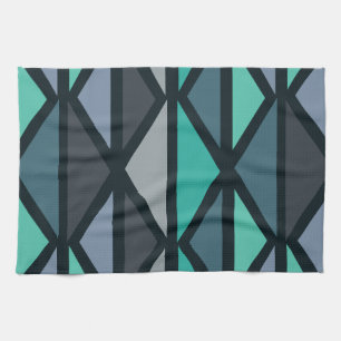 Retro Geometric Art Triangles Black Teal Kitchen Towel