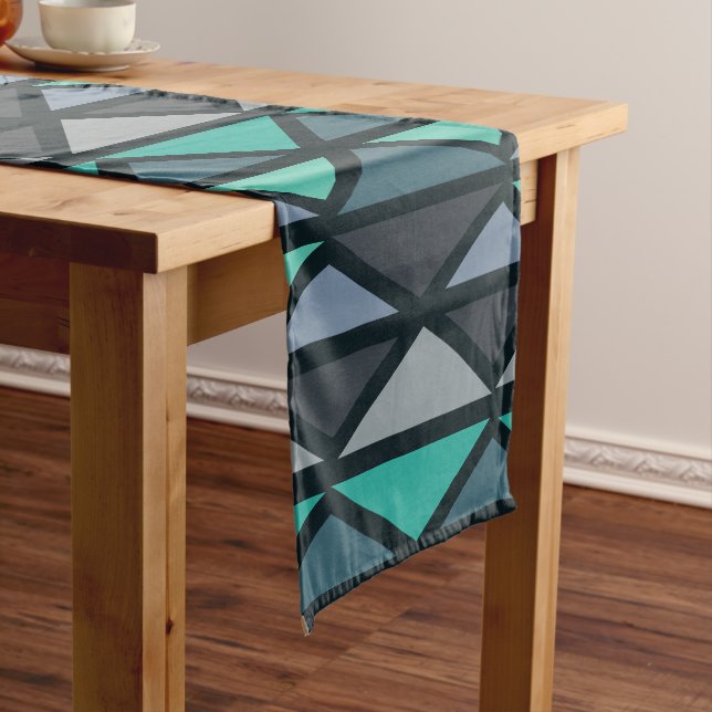 Retro Geometric Art Triangles Black Teal Short Table Runner (In Situ)