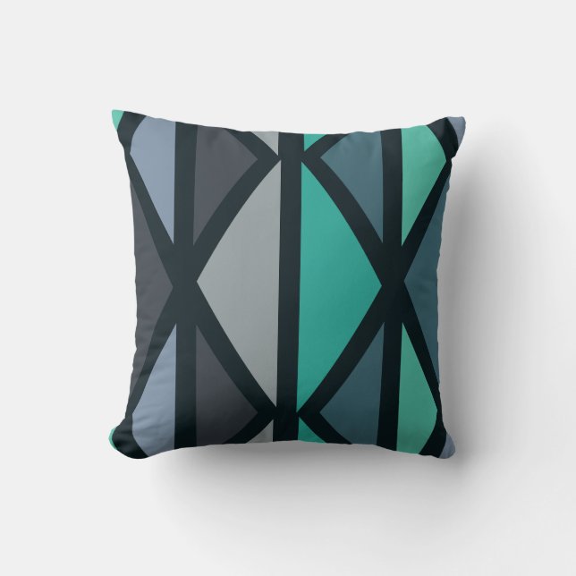 Retro Geometric Art Triangles Black Teal Throw Pillow (Front)