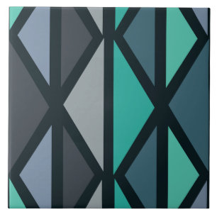 Retro Geometric Art Triangles Black Teal Tile