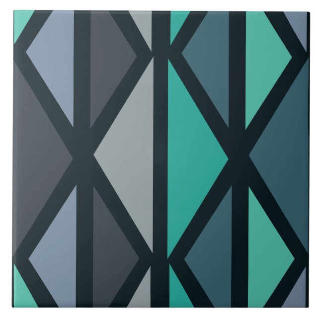 Retro Geometric Art Triangles Black Teal Tile (Front)