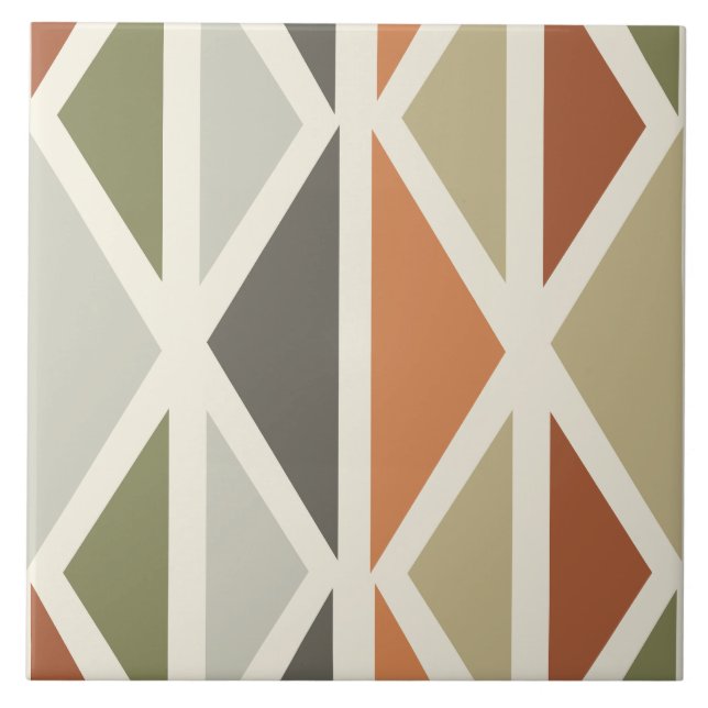 Retro Geometric Art Triangles Green Orange Tile (Front)