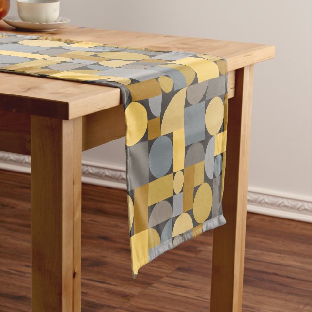 Retro Geometric Art Yellow Grey Short Table Runner (In Situ)