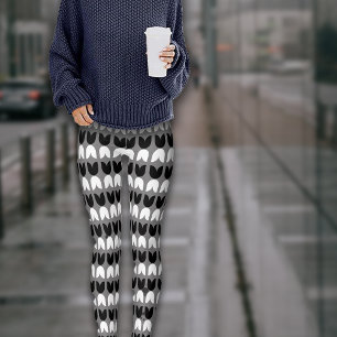 Retro Geometric Black Grey Tulips Pattern  Leggings